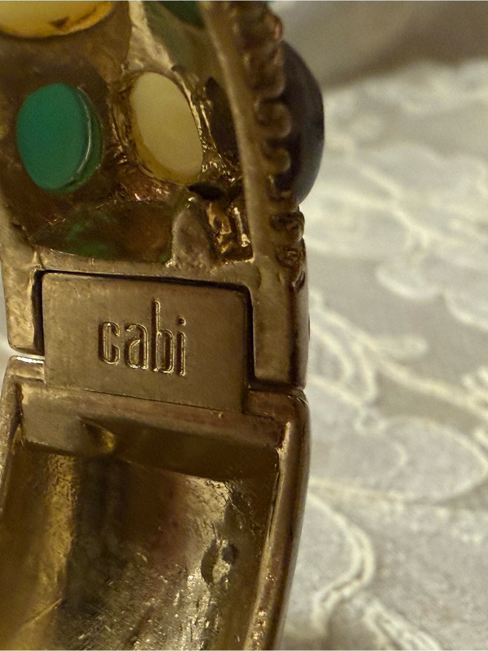 CAbi Gold-tone Bracelet Collectible with Green, Cream, and Gray Cabochons #2129 - Picture 6 of 11